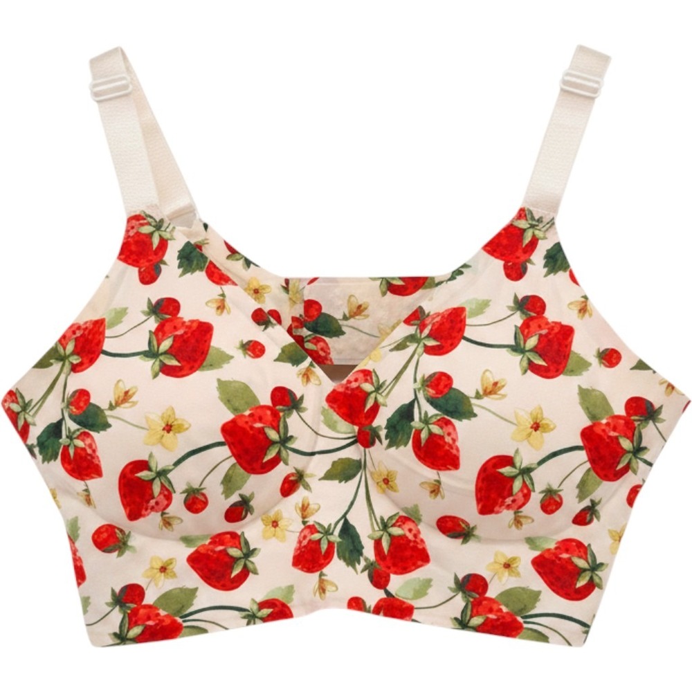 EBY Strawberry Print Bralette Seamless Wire-Free Bra Cream Red Floral SDD
